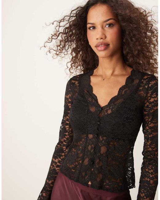 Gina Tricot Black Lace Top With Scalloped Edge Detail