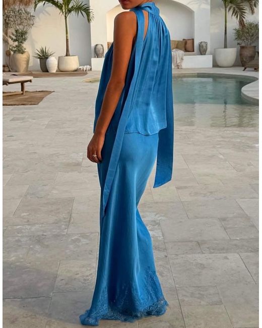 Never Fully Dressed Blue Satin High Rice Lace Hem Maxi Skirt