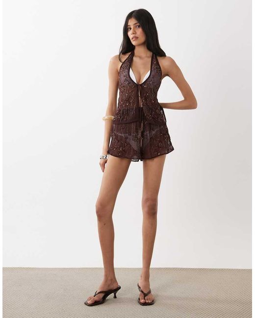 Miss Selfridge Brown Beach Premium Embellished Shorts