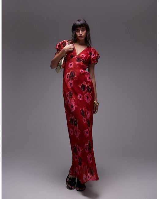 TOPSHOP Red Flutter Sleeve Occasion Dress