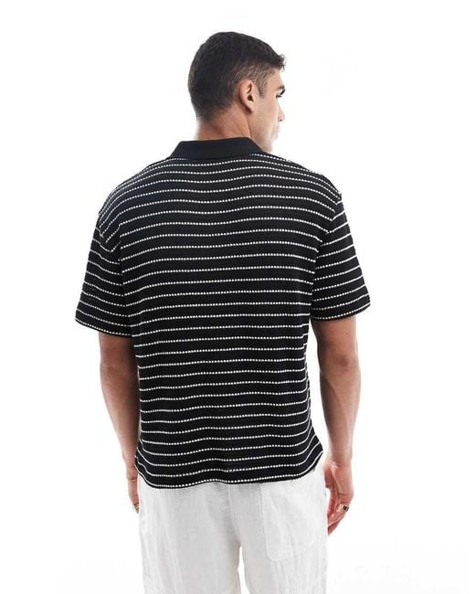 Polo Squadrata Vestibilità Comoda Nera Testurizzata A Righe Bianche di ASOS in Blue da Uomo