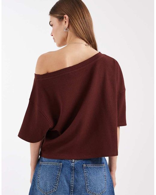 ASOS Red Boxy Off The Shoulder Waffle Knit T-shirt