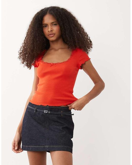 Miss Selfridge Red Square Neck Lace Trim Short Sleeve Top