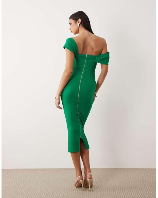 Vesper Green Bengaline Bardot Off Shoulder Bodycon Midaxi Dress