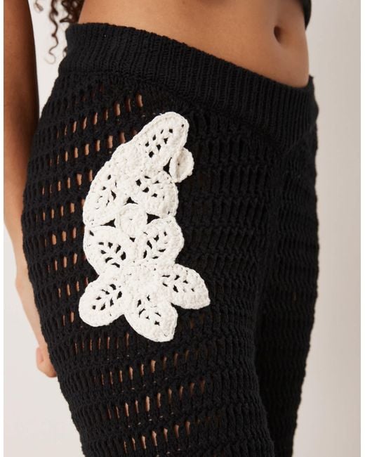 ASOS Black Knitted Crochet Wide Leg Trouser Co-ord With Flower Patch Detail