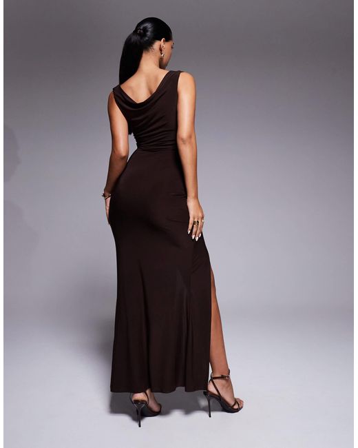 ASOS Brown Cowl Neck Midi Dress With Ruched Skirt Detailing
