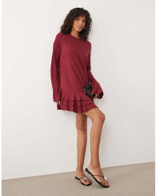 ASOS Red Slash Neck Mini Dress With Ruffle Skirt