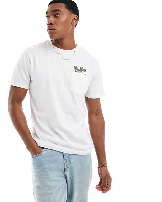 Threadbare White Cactus Embroidery Pocket T-shirt for men