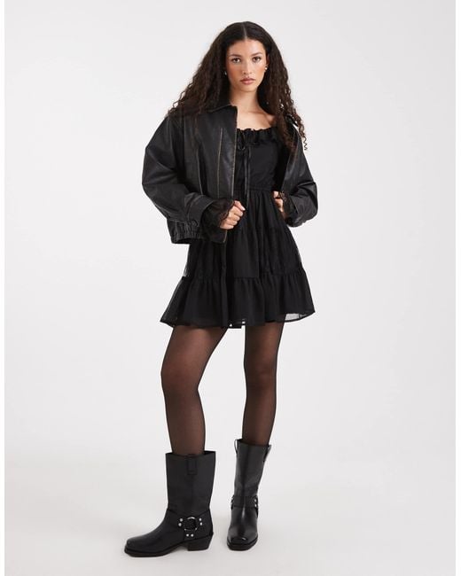 knee length dresses for ladies Rent Miss Selfridge Lace Trim Faux Leather Croc Maxi Dress In Black main image 1