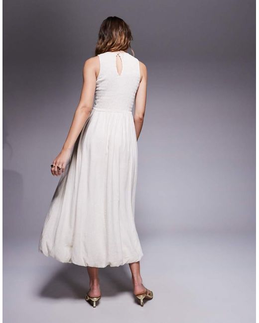 Vestido Midi Con Diseño Abullonado De Lino De -Blanco River Island de color Gray