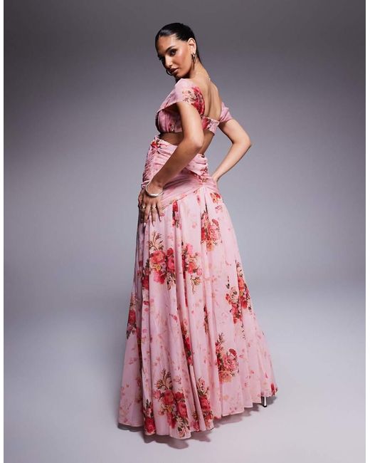 ASOS Pink Printed Organza And Chiffon Maxi Dress