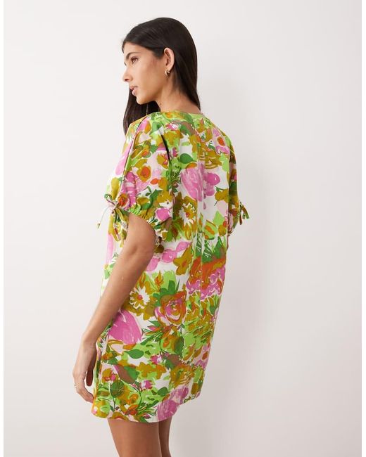 ASOS Multicolor Crew Neck Mini Dress With Tie Sleeve Detail