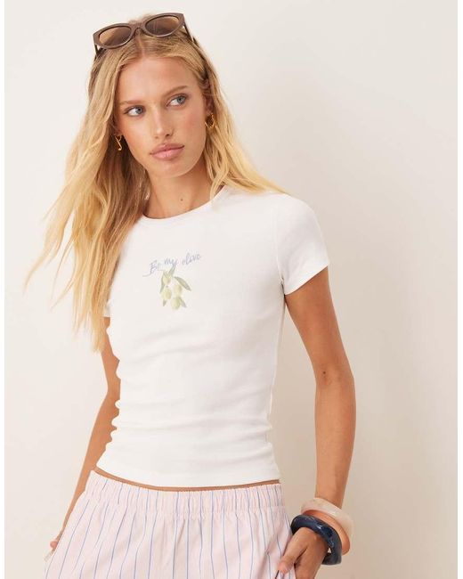 Gina Tricot Slim-Fit Top Met Korte Mouwen En Grafische Print Van Olijftak in het White