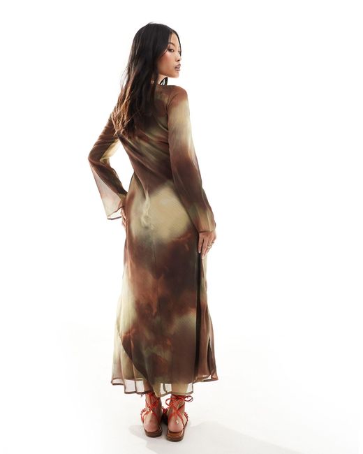 ASOS Brown Asos Design Petite Chiffon Long Sleeve Midi Dress