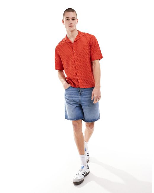 ASOS Red Short Sleeve Boxy Relaxed Fit Revere Lace Shirt for men