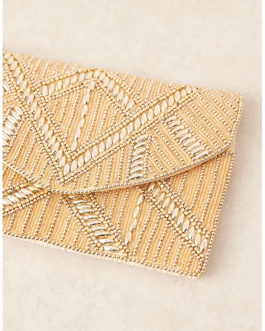 True Decadence Metallic Beaded Envelope Clutch With Crossbody Strap