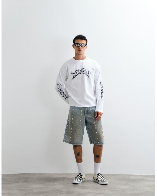 Liquor N Poker Blue Denim Jorts With Total Stud Detail for men