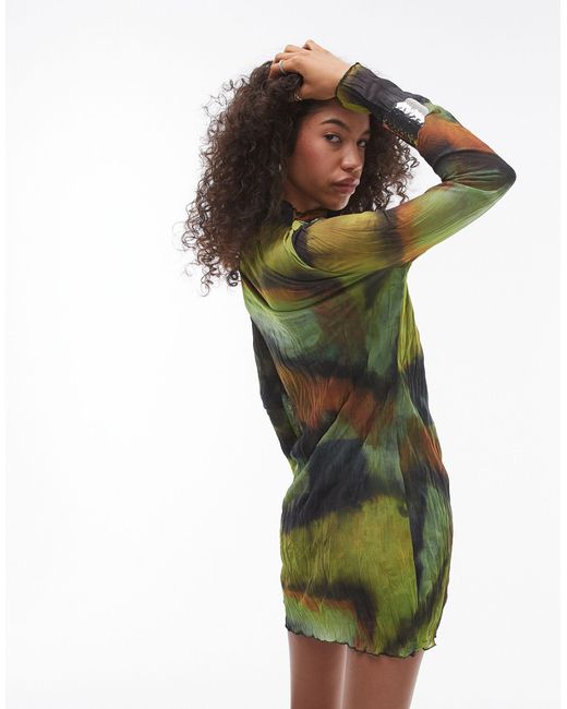 TOPSHOP Green – langärmliges, es minikleid mit knitterstruktur und grunge-muster