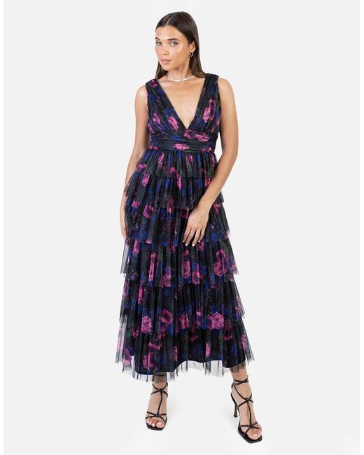 ANAYA Blue Floral Plunge V Neck Tiered Tulle Maxi Dress