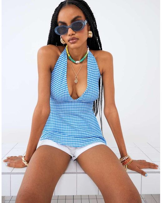River Island Blue Gingham Halter Neck Top