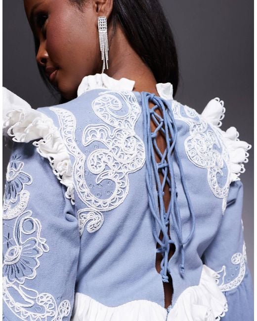 ASOS Blue – besticktes western-minikleid aus baumwoll-twill