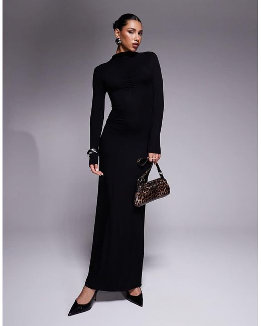 Vestido Largo Fruncido De Manga Larga Con Cuello Alto De ASOS de color Blue