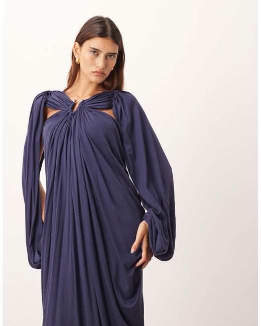 ARRANGE Blue Drape Midi Dress With Balloon Sleeve And Hardware Detail
