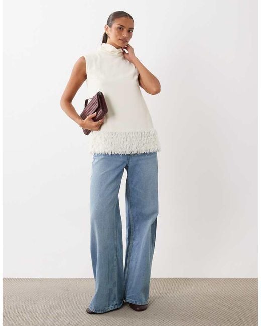 Gina Tricot White Sleeveless Funnel Neck Faux Feather Trim Top