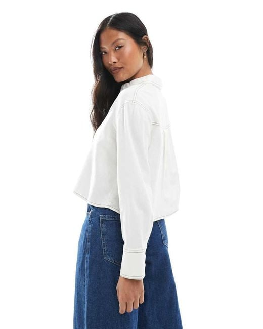 Only Petite White Linen Cropped Shirt With Contrast Stitch