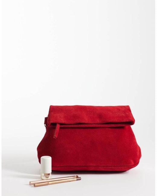 ASOS Red Suede Clutch Bag With Fold Corner Detail