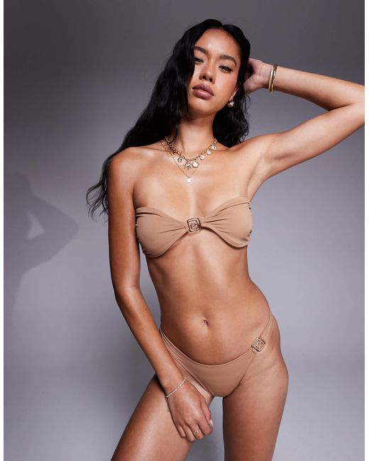 ASOS Brown Sue Bandeau Bikini Top With Swirl Trim