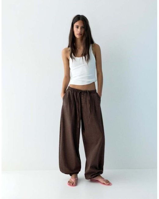 Pull&Bear Brown Sarouel Trousers With Elastic Waist
