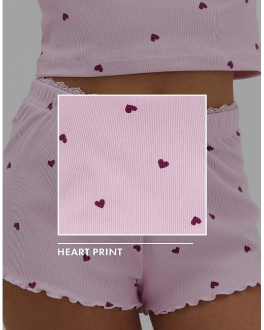 Boux Avenue Pink Heart Ribbed Short Pyjama Set With Long Sleeved Top