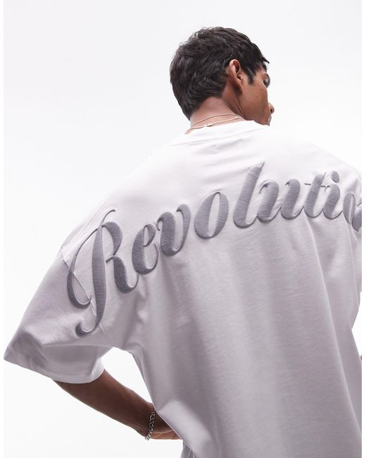 T-shirt oversize pesante bianca con ricamo "revolution" sul davanti e sul retro di Topman in Gray da Uomo