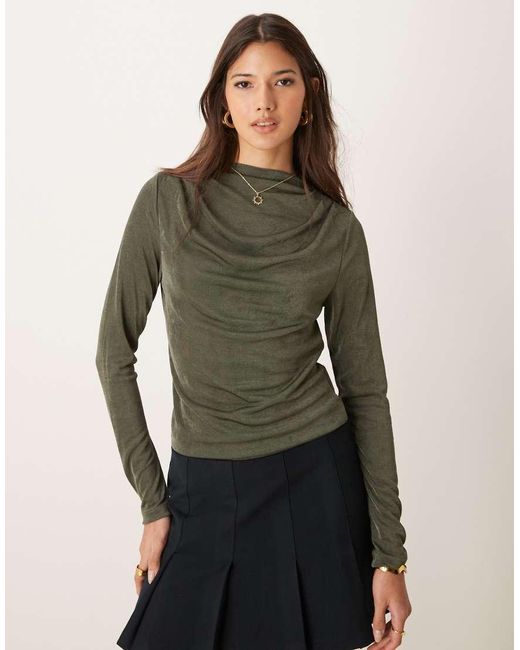 Vila Green Slinky Ruched Neck Detail Long Sleeve Top