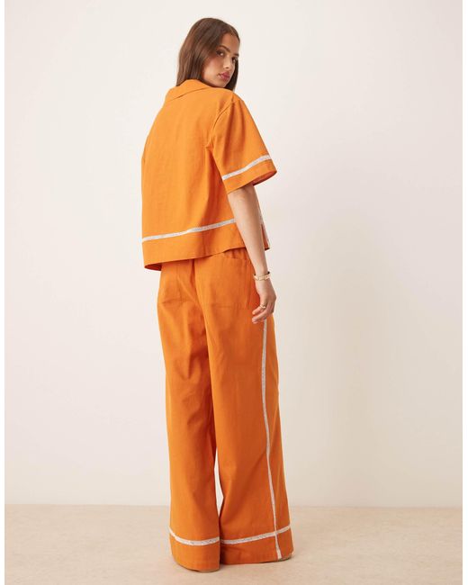 ASOS Orange Linen Blend Pull On Wide Leg Trousers With Contrast Trim Co-ord