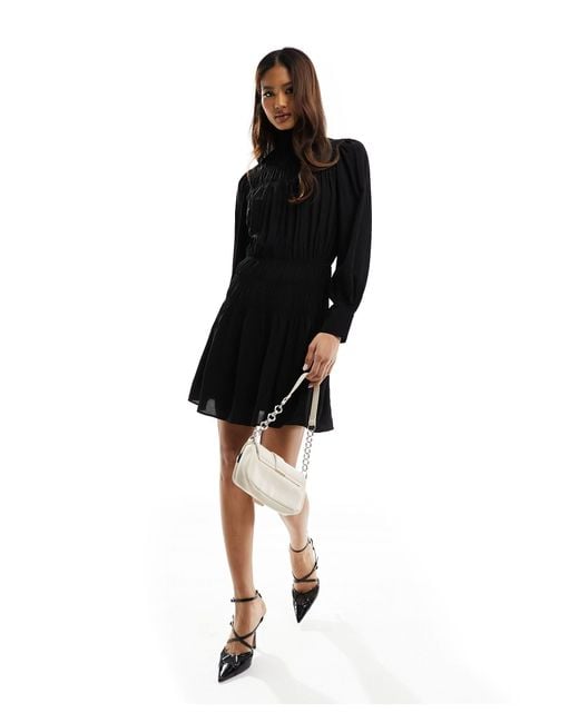 & Other Stories Black Frill High Neck Long Sleeve Dress With Puff Sleeves