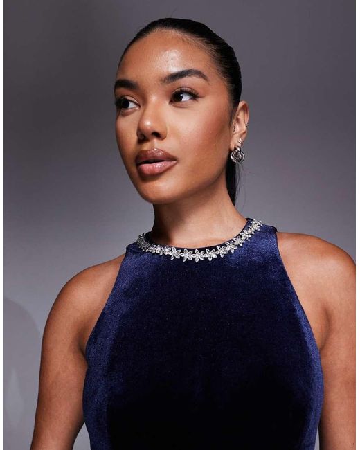 Jarlo Blue Embellished High Neck Velvet Maxi Dress