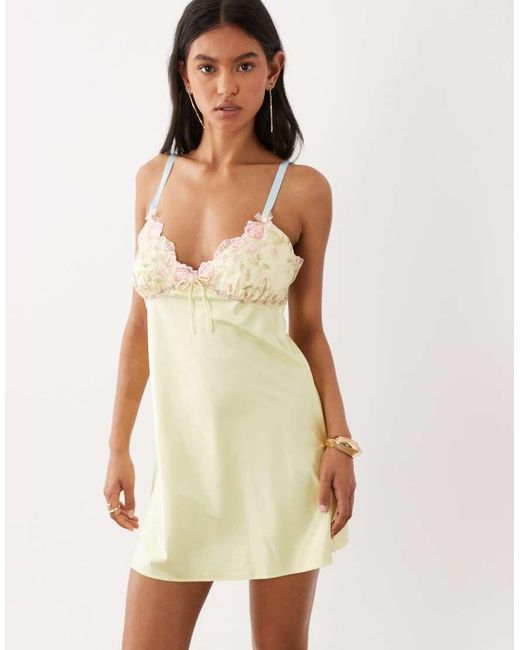For Love & Lemons Natural Twilight V-Neck Floral Lace Detail Slip Mini Dress
