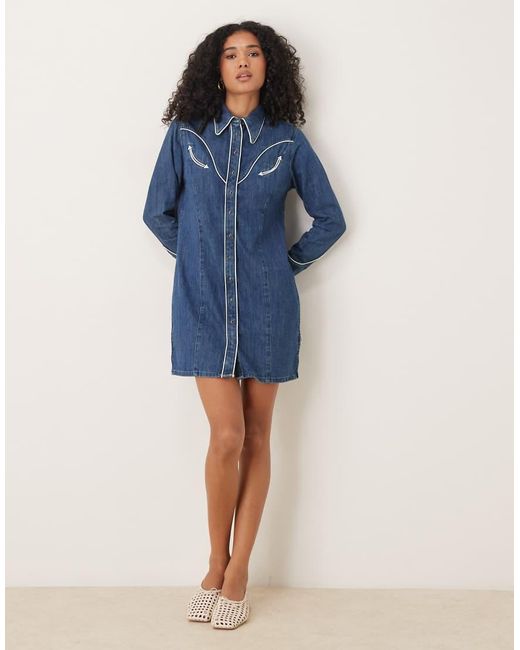 Wrangler Denim Overhemdjurk Met Western Biezen in het Blue