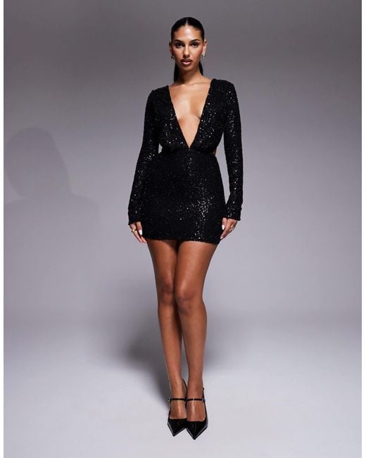 Oh Polly Marva Plunge Neck Embellished Mini Dress in Black | Lyst