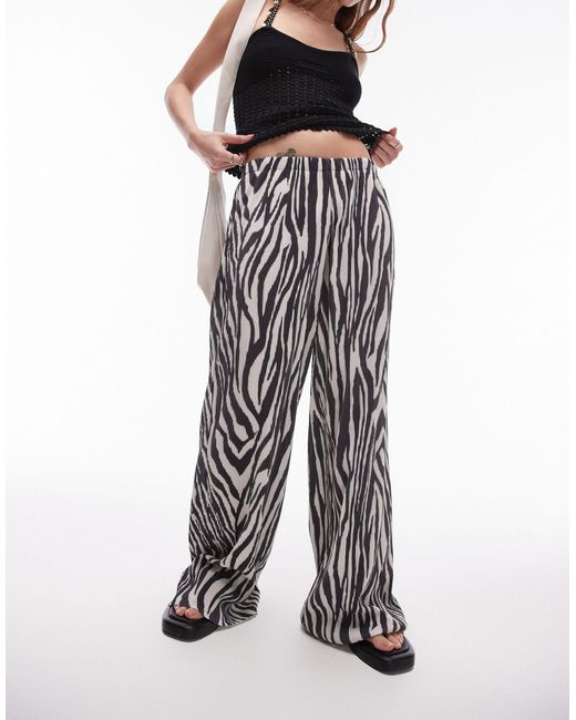 TOPSHOP Black Zebra Crinkle Plisse Wide Leg Trouser