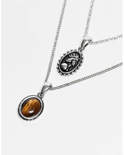 Collana A 2 Fili Con Pietra Marrone di Reclaimed (vintage) in White