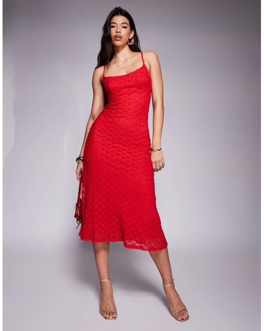 Bardot Red Lace Mesh Cami Midi Dress
