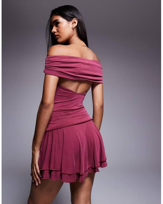 Princess Polly Purple Primadonna Off The Shoulder Metal Hardware Detail Ruffle Hem Open Back Mini Dress