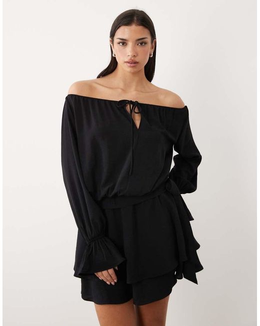 Gina Tricot Black Off The Shoulder Long Sleeve Frill Mini Dress