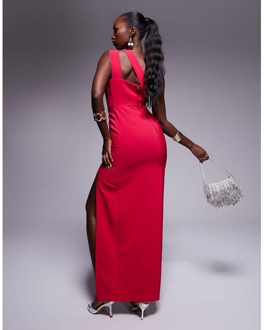 Vesper Red Asymmetric Maxi Dress With Thigh Split