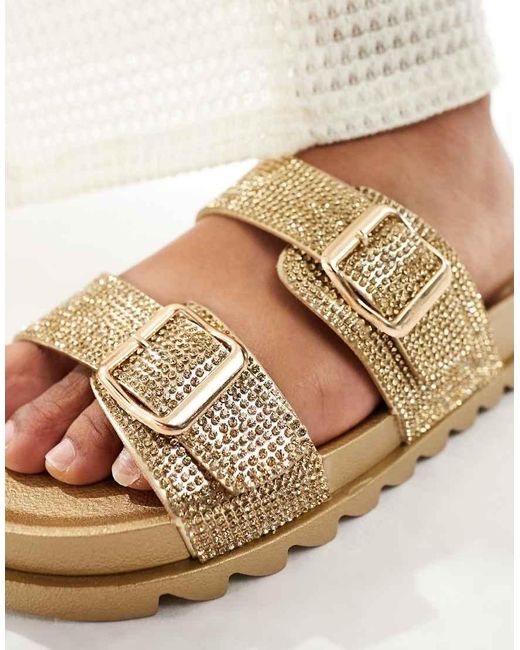 Glamorous Slippers Met Twee Bandjes Met Strass in het White