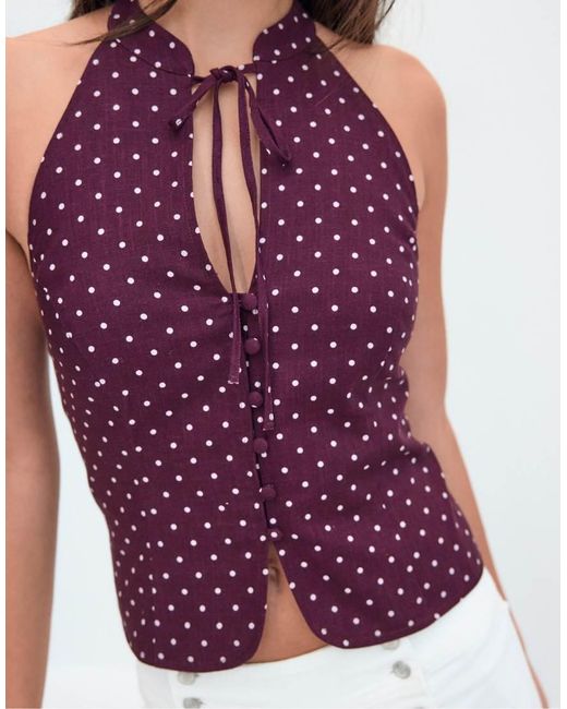 Stradivarius White Polka Dot Print Fitted Halter Top