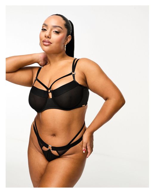 We Are We Wear Curve Mesh And Velvet Mix Strappy Thong in Black